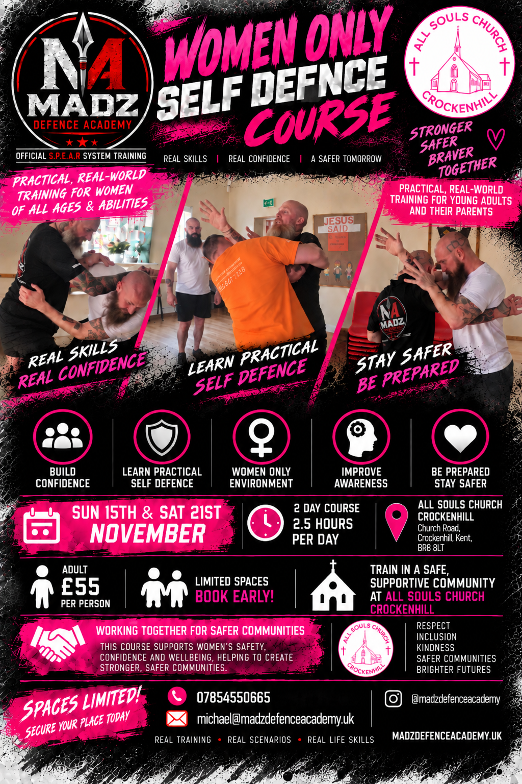 Women Only Self Defence Course — Sun 15th & Sat 21st November at All Souls Church, Crockenhill, Kent. £55 per person.